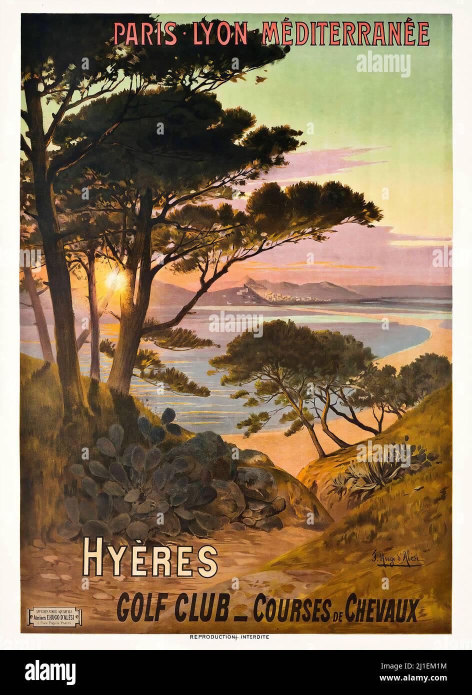 Vintage-Reiseposter - Frederic Hugo d'Alési (1849-1906) Hyères, GOLFCLUB, Französische Riviera Stockfoto