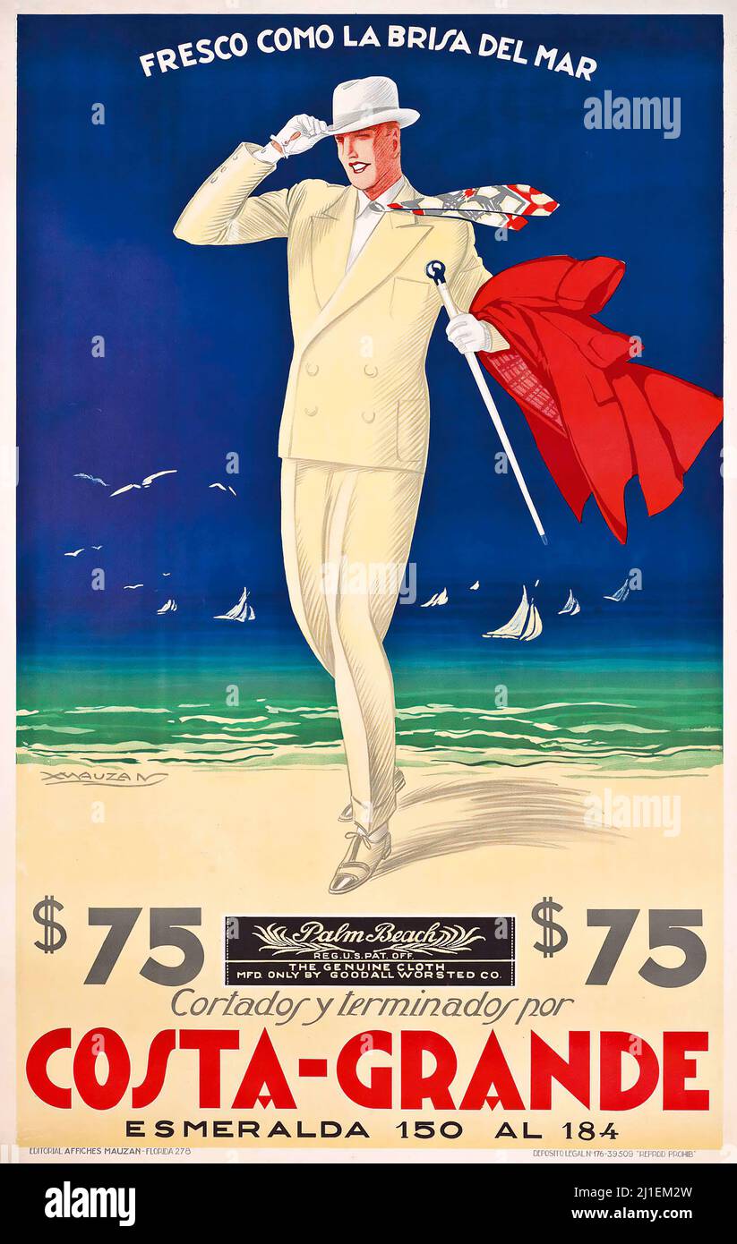 Vintage-Reiseplakat - Achille L. Mauzan (1883-1952) COSTA-GRANDE, 1928. „Frisch wie die Meeresbrise“, Stockfoto