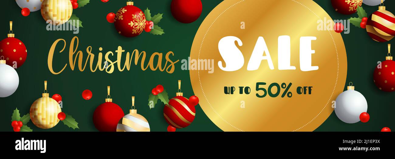 Weihnachts Sale Banner Design mit goldenem Label, Mistel und hängenden Kugeln auf dunkelgrünem Hintergrund. Vektor-Illustration für Werbedesign, Floge Stock Vektor