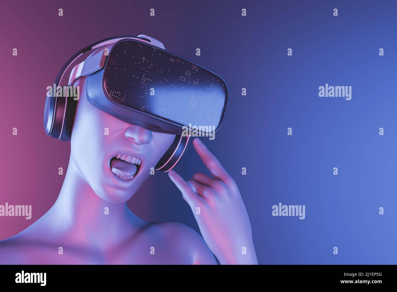 3D Portrait eines Mädchens mit Rocker-Ausdruck und Virtual-Reality-Brille mit Headset. metaverse und Musikkonzept. 3D Rendern Stockfoto