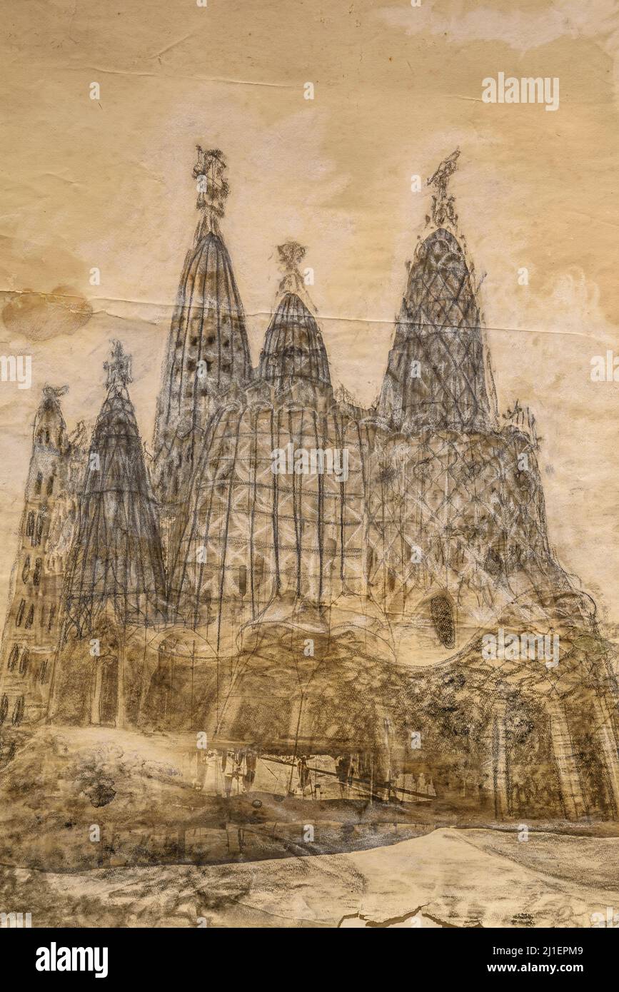 Gaudí Originalpläne der Kirche Colònia Güell bei der Ausstellung Gaudí im MNAC Museum 2021 (Barcelona, Katalonien, Spanien) Stockfoto