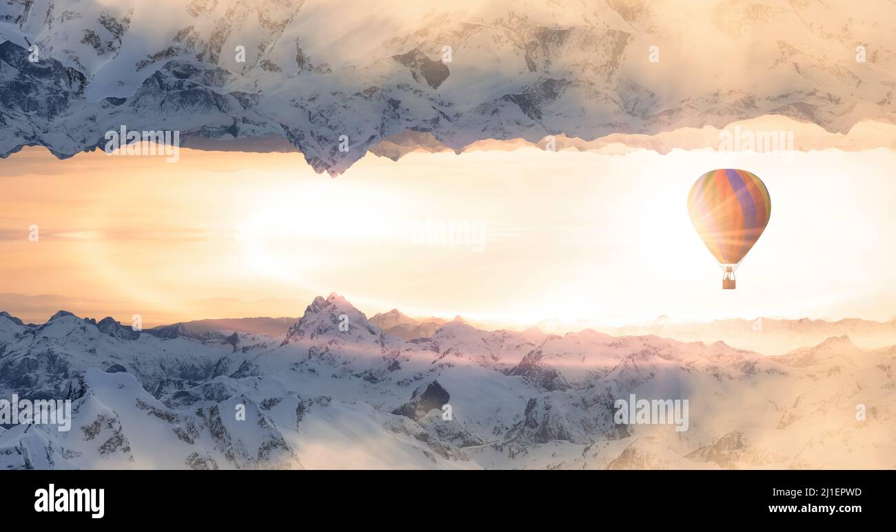 Magische Fantasie-Luftlandschaft mit einer gespiegelten Bergwelt. Stockfoto