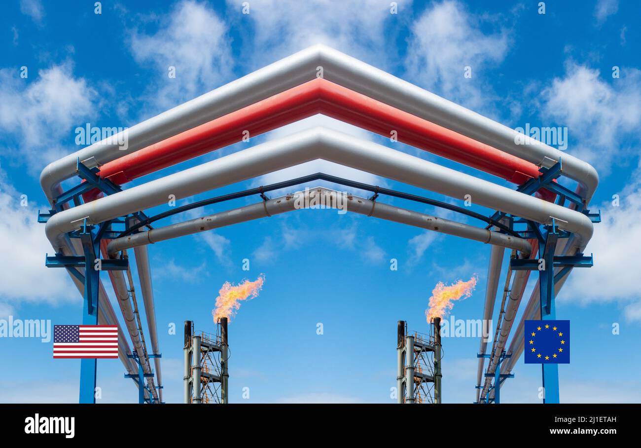 Flaggen der USA und der EU auf der Gas- und Kraftstoffleitung. Energiekrise, Russland Ukraine Konflikt, Krieg Großbritannien, Europa Gasversorgung, Lebenshaltungskosten Krise, russisches Gas..Konzept Stockfoto