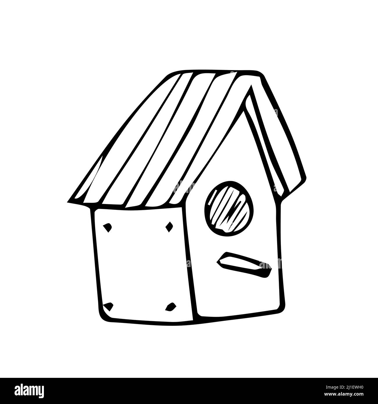 Vogelhaus handgezeichnete Vektor-Doodle-Illustration. Cartoon Birdhouse. Isoliert auf weißem Hintergrund. Frühjahrssaison. Handgezeichnetes einfaches Element Stock Vektor