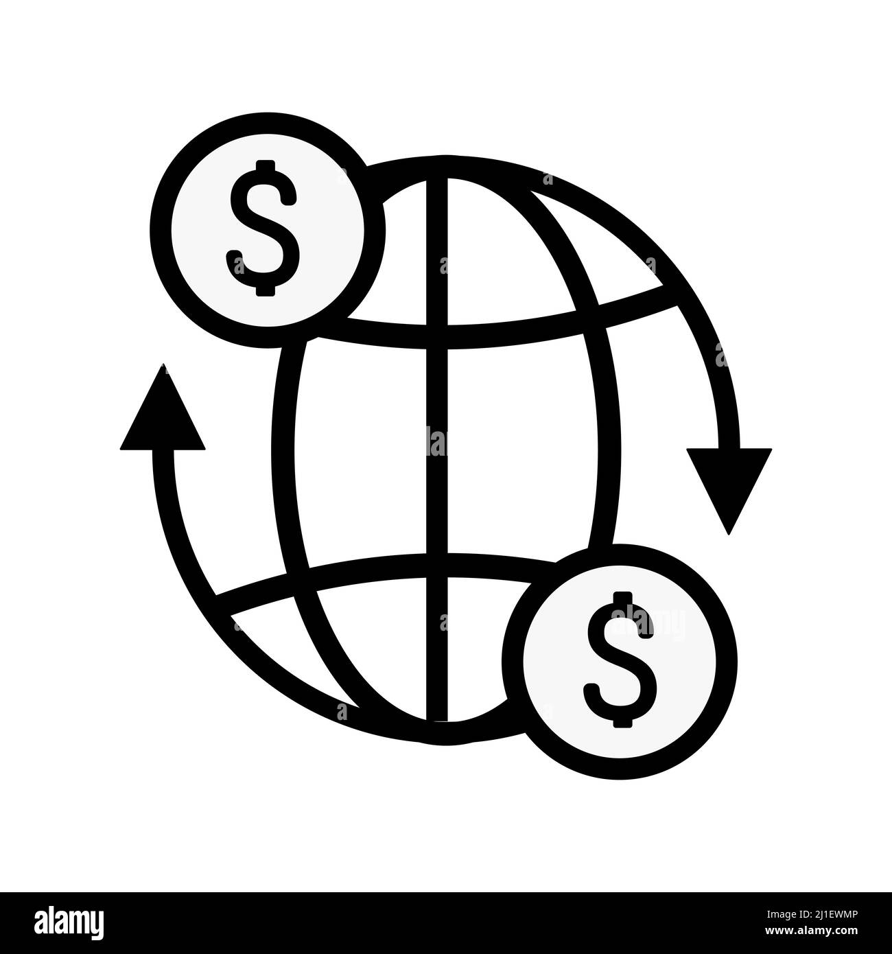Global Transfer Thin Line Icon Geld bewegt sich um den Globus. Abstraktes Vektor-Symbol auf der weißen, Illustration isoliert für Grafik-und Web-Design. Einfach Stock Vektor