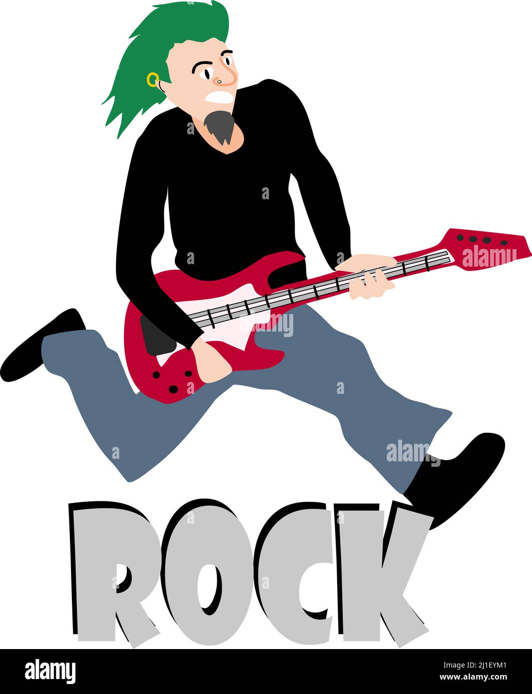 Springender Gitarrist mit grünem Haar Stockfoto