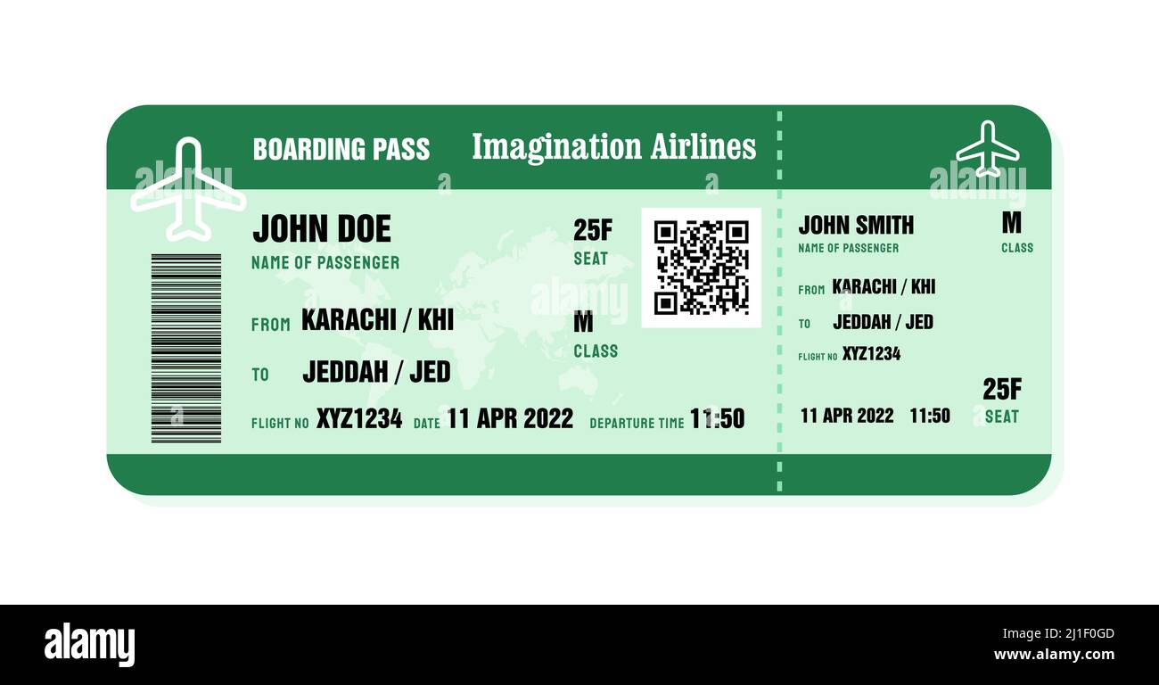 Vorlage für Bordkarten. Reise-Flugticket grüne Vektorgrafik mit QR-Code. Stock Vektor
