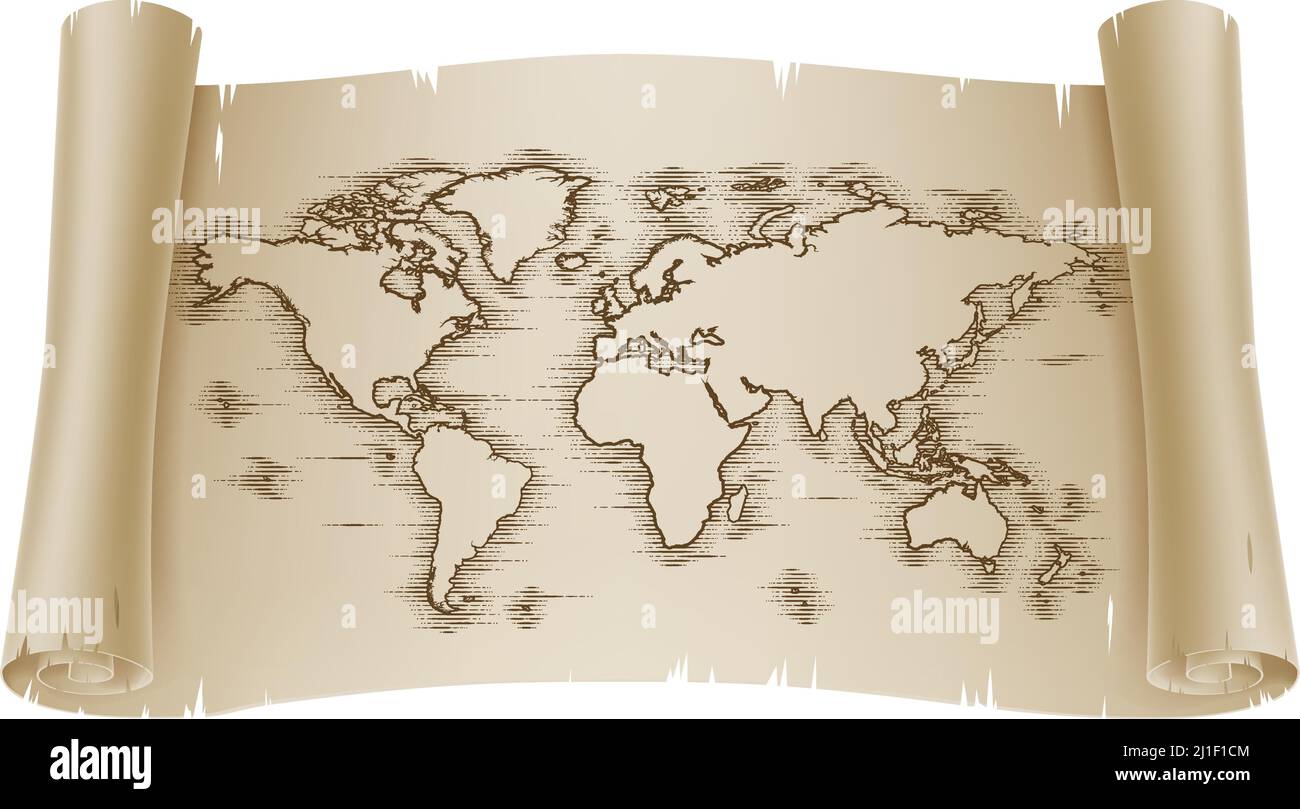 Weltkarte Zeichnung Alte Holzschnitt Eingravierte Schriftrolle Stock Vektor