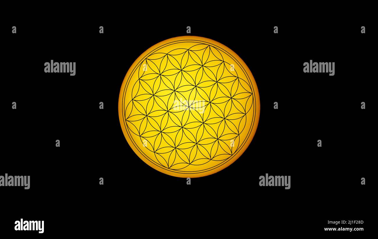 Blume des Lebens Symbol auf einem gelben Sonnengrund, Sonne manipuliertes Bild, heilige Geometrie auf schwarzer Tapete. Elemente dieses Bildes, die von der NASA eingerichtet wurden. Stockfoto
