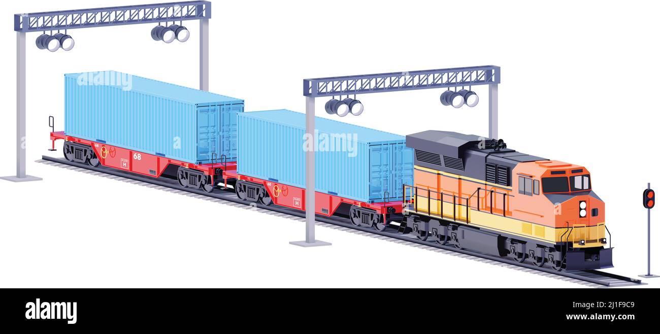 Vector Güterzug und Container-Triebwagen. Lokomotive und Container Eisenbahnwagen. Eisenbahnverkehr Stock Vektor