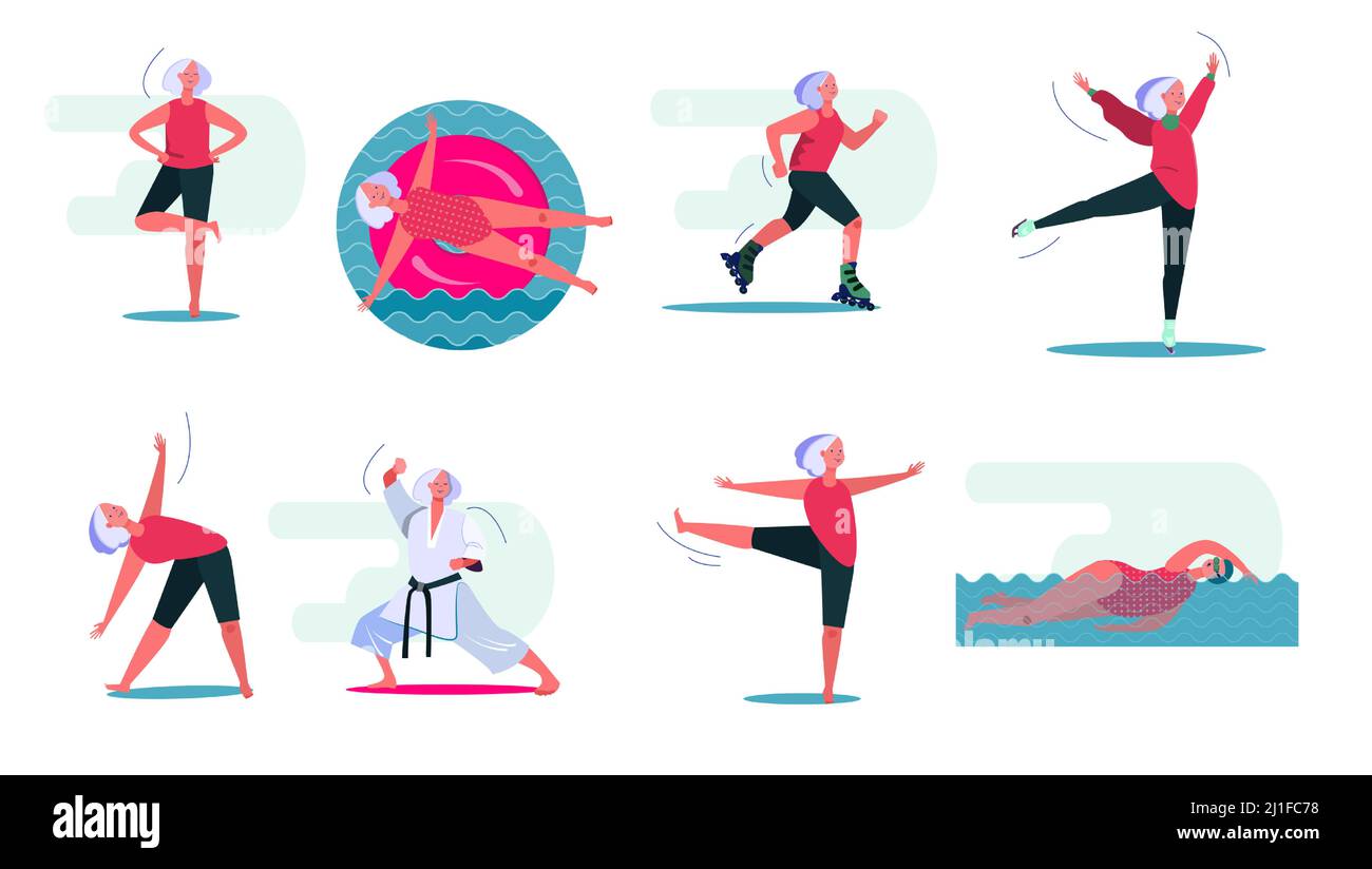 Fitness-Aktivitäten-Set. Frau im Pool schwimmen, Yoga machen, Rollschuhlaufen. Mitarbeiterkonzept. Vektor-Illustration für Themen wie Freizeit, Bewegung, handeln Stock Vektor