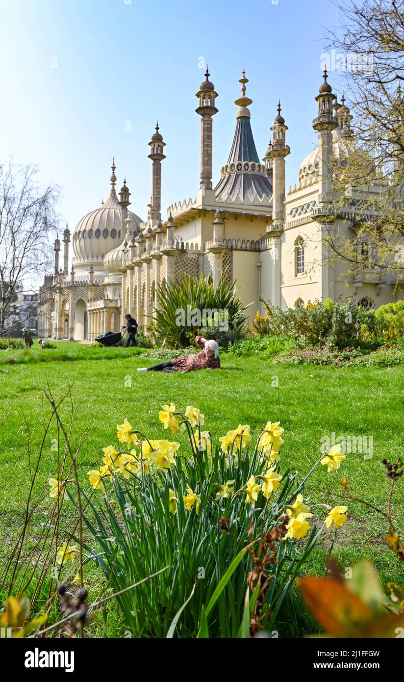 Brighton UK 25. March 2022 - Besucher genießen einen weiteren schönen sonnigen Frühlingstag in den Brighton Pavilion Gardens, während das warme Wetter in ganz Großbritannien anhält : Credit Simon Dack / Alamy Live News Stockfoto