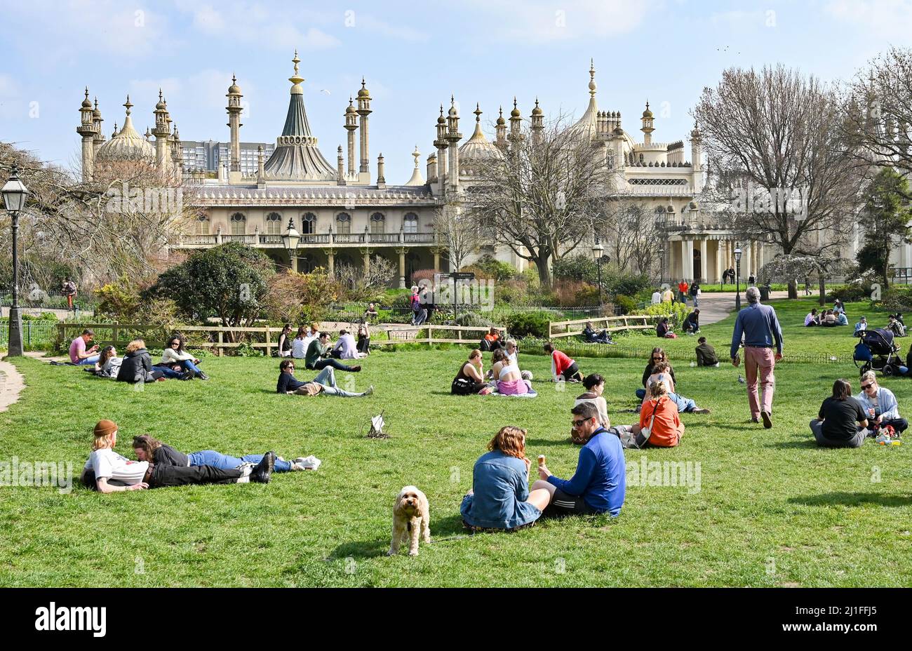 Brighton UK 25. March 2022 - Besucher genießen einen weiteren schönen sonnigen Frühlingstag in den Brighton Pavilion Gardens, während das warme Wetter in ganz Großbritannien anhält : Credit Simon Dack / Alamy Live News Stockfoto