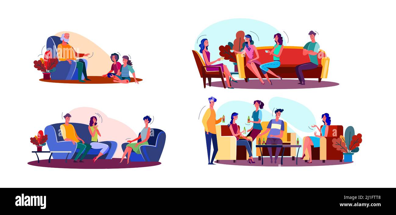 Freundliches Meeting-Illustrationsset. Kinder, die Opa besuchen, Leute, die im Wohnzimmer reden, Freunde, die Party genießen. Kommunikationskonzept. Vektor-Abb. Stock Vektor