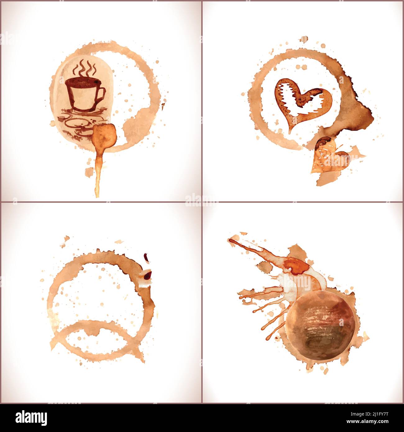 Kaffee Farbe Flecken auf weißem Hintergrund isoliert.Kaffee Tasse Marken. Vector Kaffeeset. Stock Vektor