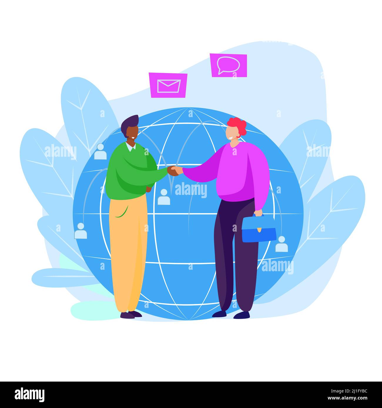 Partner geben sich die Hände. Geschäftsleute, Handshake, Globus, Planet. Geschäftskonzept. Vektorgrafik für Themen wie internationale Partnerschaft, con Stock Vektor