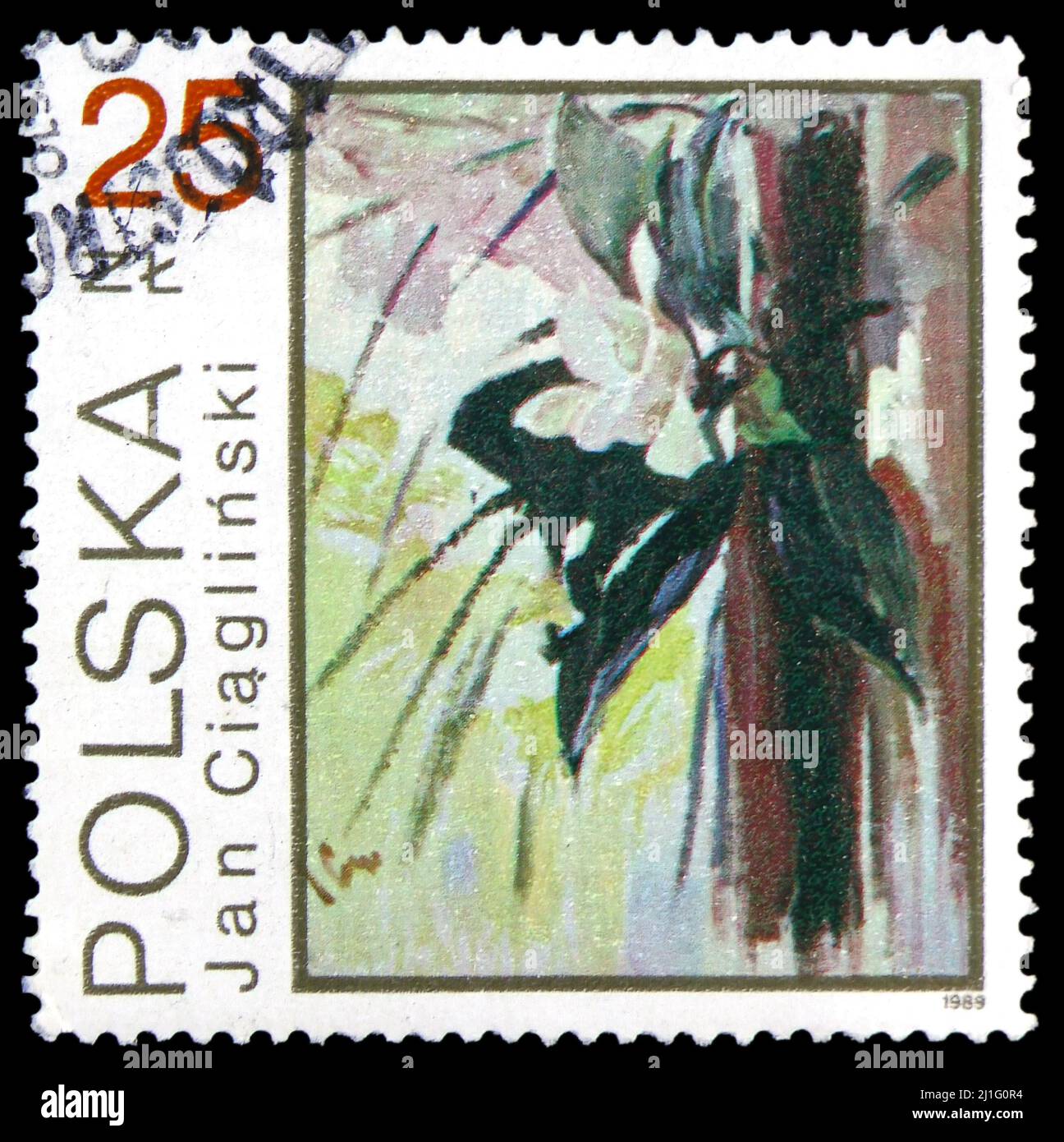MOSKAU, RUSSLAND - 10. MÄRZ 2022: In Polen gedruckte Briefmarke zeigt Jan Ciaglinski (1858-1913), Blumen: Gemälde in der Serie des Nationalmuseums, CI Stockfoto