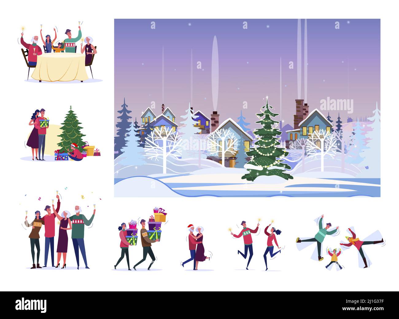 Eine Gruppe von glücklichen Menschen, die Weihnachten feiern. Flache Vektor-Illustrationen von Familien jubeln, Geschenke präsentieren, tanzen. Winterurlaub Konzept für Bann Stock Vektor