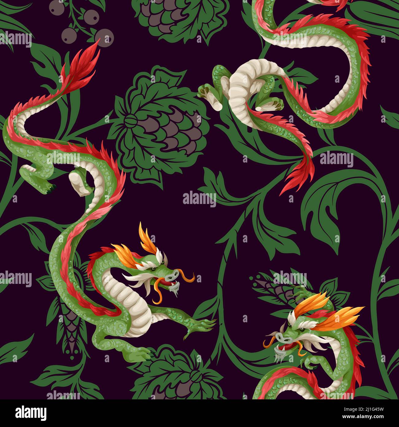 Nahtloses Muster mit Drachen und Blumen. Orientalisches Trendmuster Stock Vektor