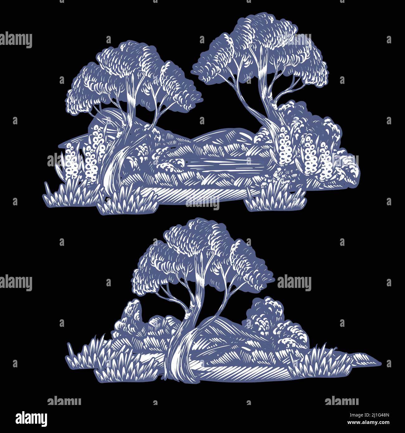 Grafik Bäume, Sträucher und Pflanzen isoliert. Druck im Ätzstil. Stock Vektor