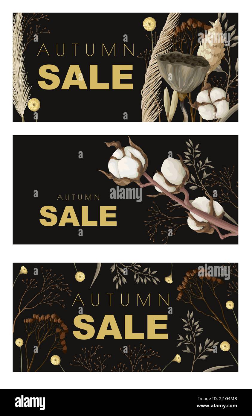 Herbst-Kartenverkauf mit getrockneten Blumen, wie Baumwolle, Zuckerrohr ets. Vektor. Stock Vektor