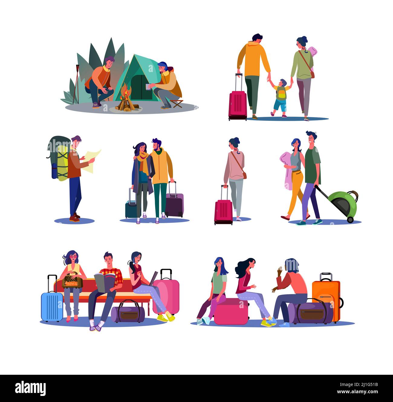 Tourismus und Reise eingestellt. Touristen mit Gepäck, warten im Flughafen, genießen Camping. Flache Vektorgrafiken. Reise, Urlaubskonzept für Banner, Stock Vektor