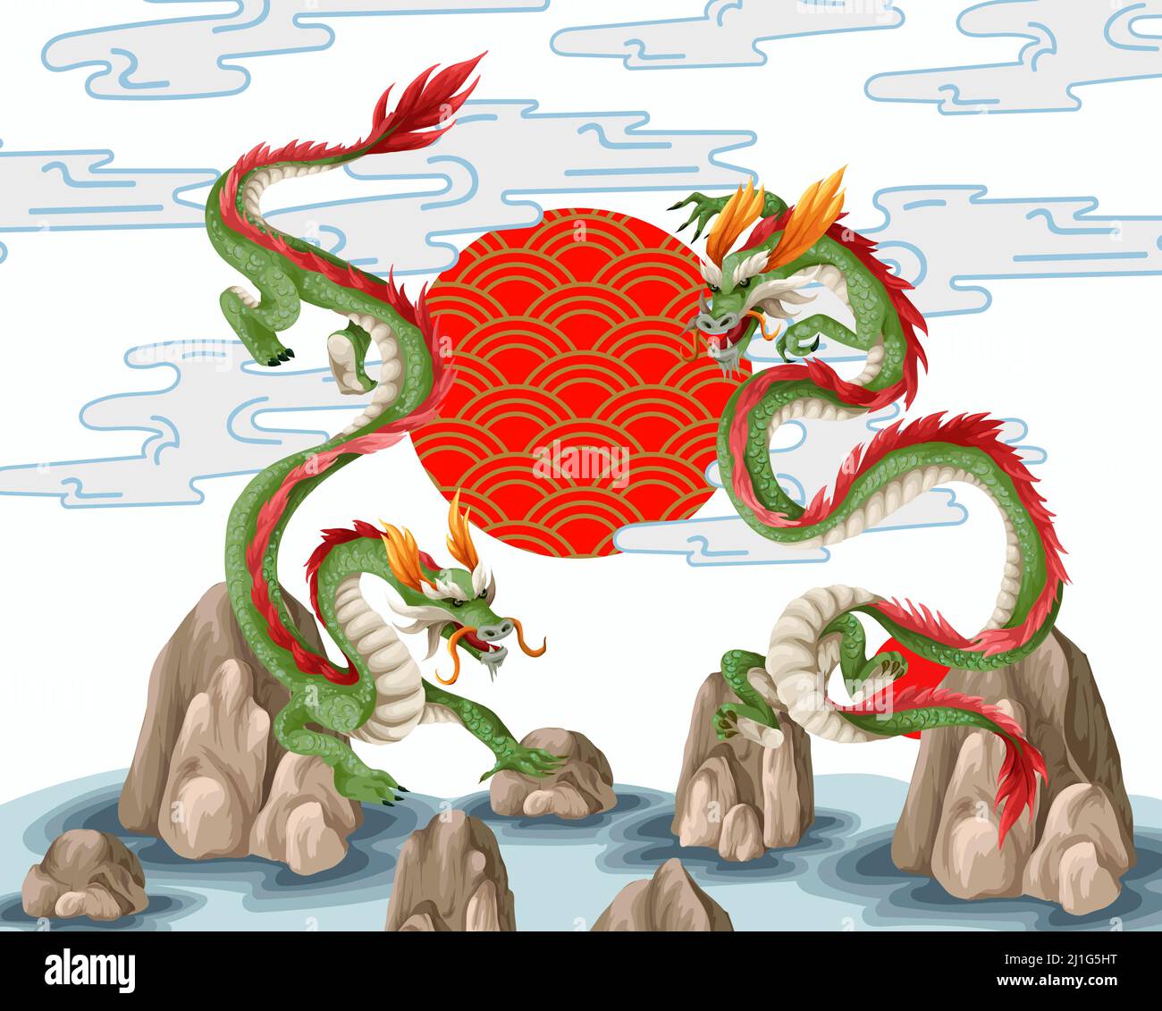 Drachen und Berge isoliert. Orientalisches Trendmuster. Stock Vektor