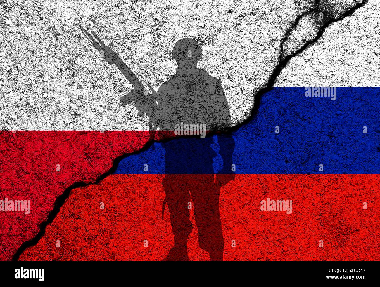 Polen-Russland-Konflikt. Konzept des Krieges und Invasion auf Europa. Flaggen auf Betonwand Hintergrund gemalt Stockfoto