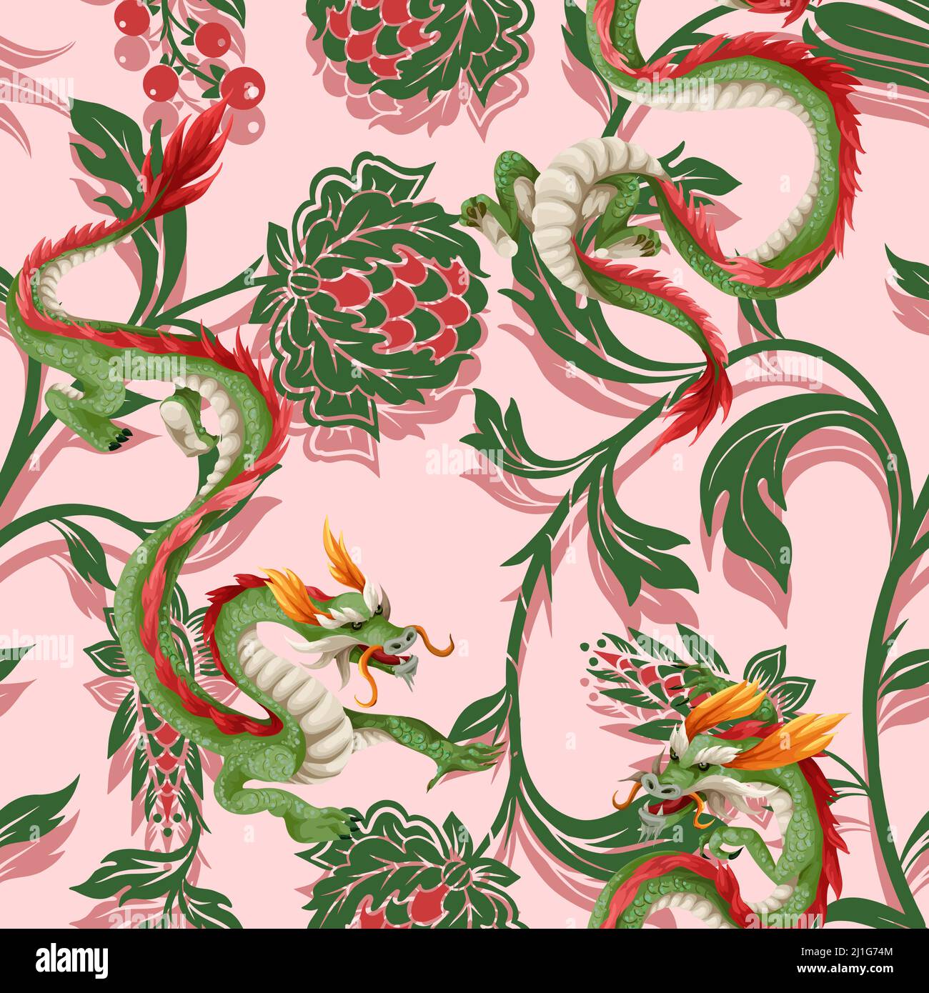 Nahtloses Muster mit Drachen und Blumen. Orientalisches Trendmuster Stock Vektor