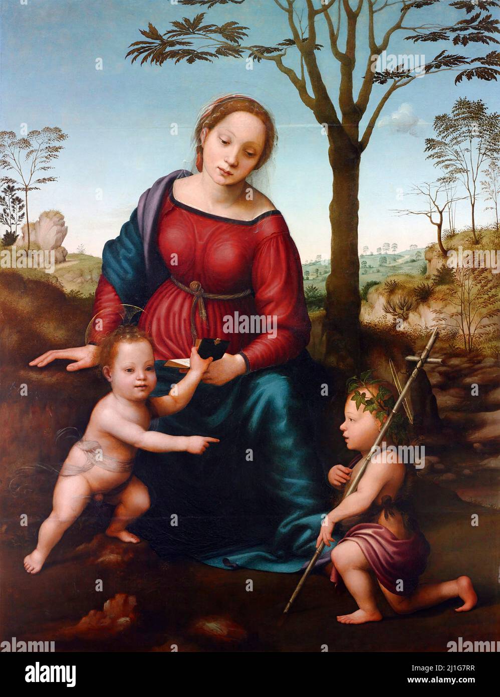 Madonna mit Kind in einer Landschaft mit Johannes dem Täufer vom italienischen Renaissance-Künstler Giuliano Bugiardini (1475-1555), Öl auf Tafel, 1517 Stockfoto