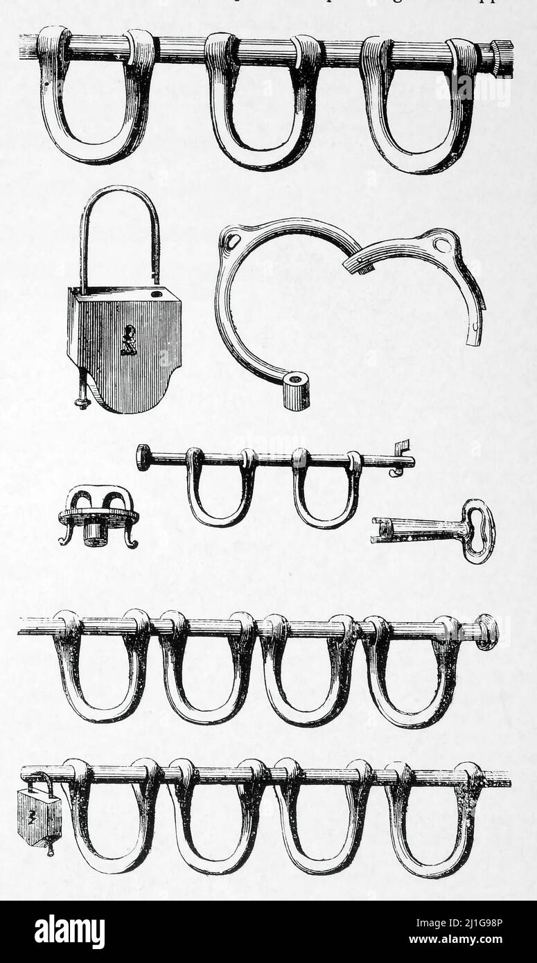 Eng translation : ' Vorhängeschlösser verwendet, um Sklaven in Schiffen zu binden ' - Original in Französisch : ' Cadenas servant à entraver les esclaves dans les navires ' - Auszug aus 'L'Illustration Journal Universel' - Französisch illustrierte Zeitschrift - 1843 Stockfoto