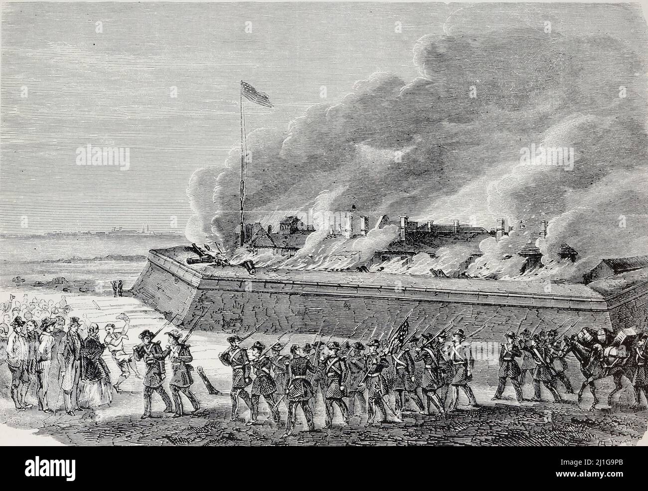 Les troupes fédérales évacuant le fort Moltrie, après avoir détruit le matériel de guerre. - (Eng trad : Föderaltruppen evakuieren Fort Moltrie, nachdem sie Kriegsmaterial zerstört haben. ) - Auszug aus 'L'Illustration Journal Universel' - Französisch illustrierte Zeitschrift Stockfoto