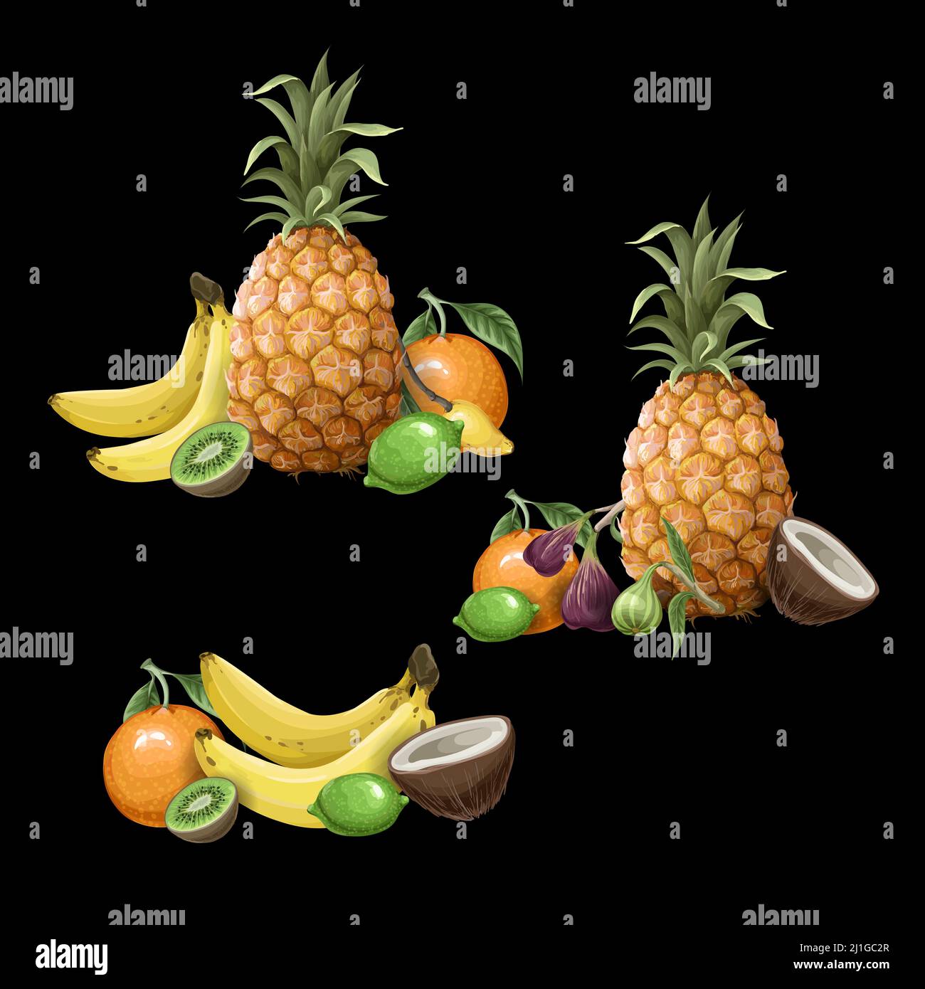 Nahtloses Muster mitSet von tropischen Früchten wie Ananas, Orange, Feige, Banane etc. Vektor. Stock Vektor