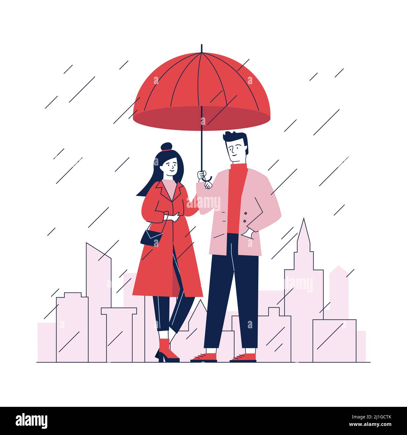 Pärchen, die an regnerischen Tagen auf der Straße unter einem Sonnenschirm stehen. Mann und Frau im stilvollen roten Mantel flache Vektor-Illustration. Menschen vor dem Stadtbild mit s Stock Vektor
