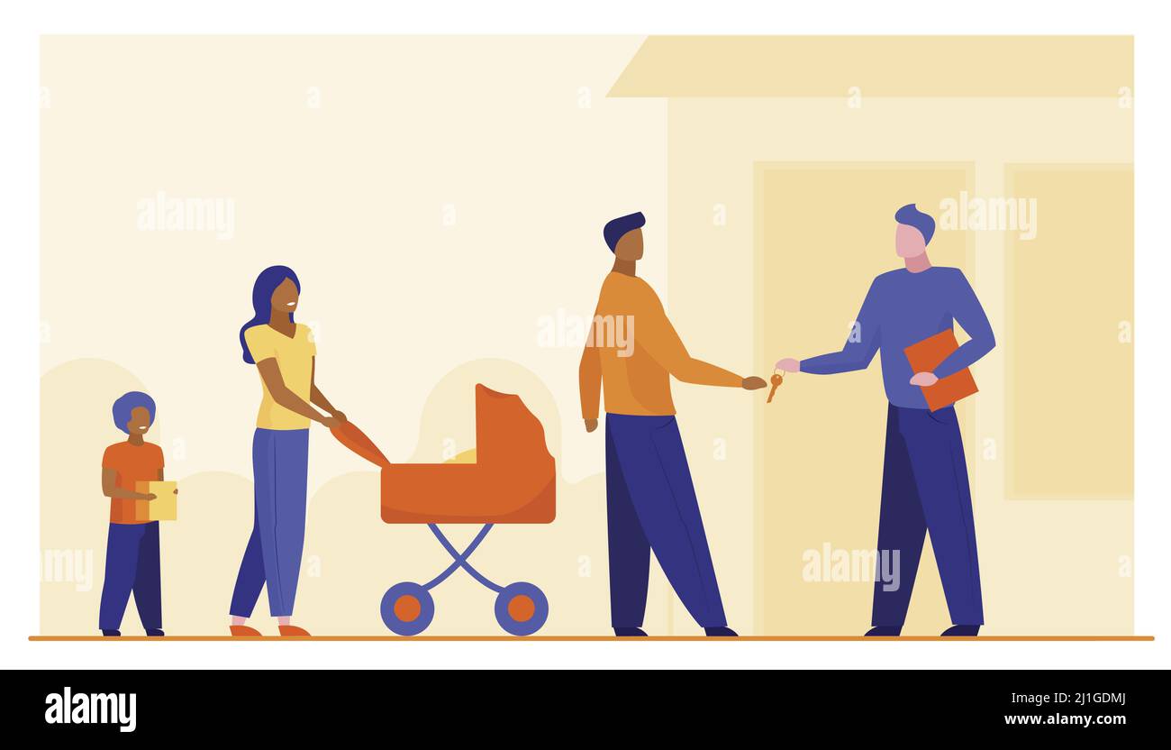 Familie Kauf Immobilie. Paar mit Kindern mieten Haus Wohnung Vektor-Illustration. Immobilien, Hypothek, neues Hauskonzept für Banner, Website-Design oder Stock Vektor