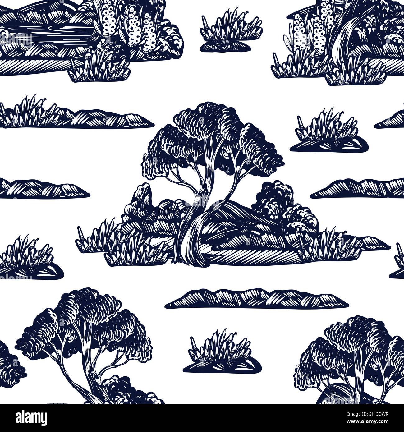 Nahtloses Muster mit grafischen Bäumen, Büschen und Pflanzen. .Etching Stil Druck. Stock Vektor