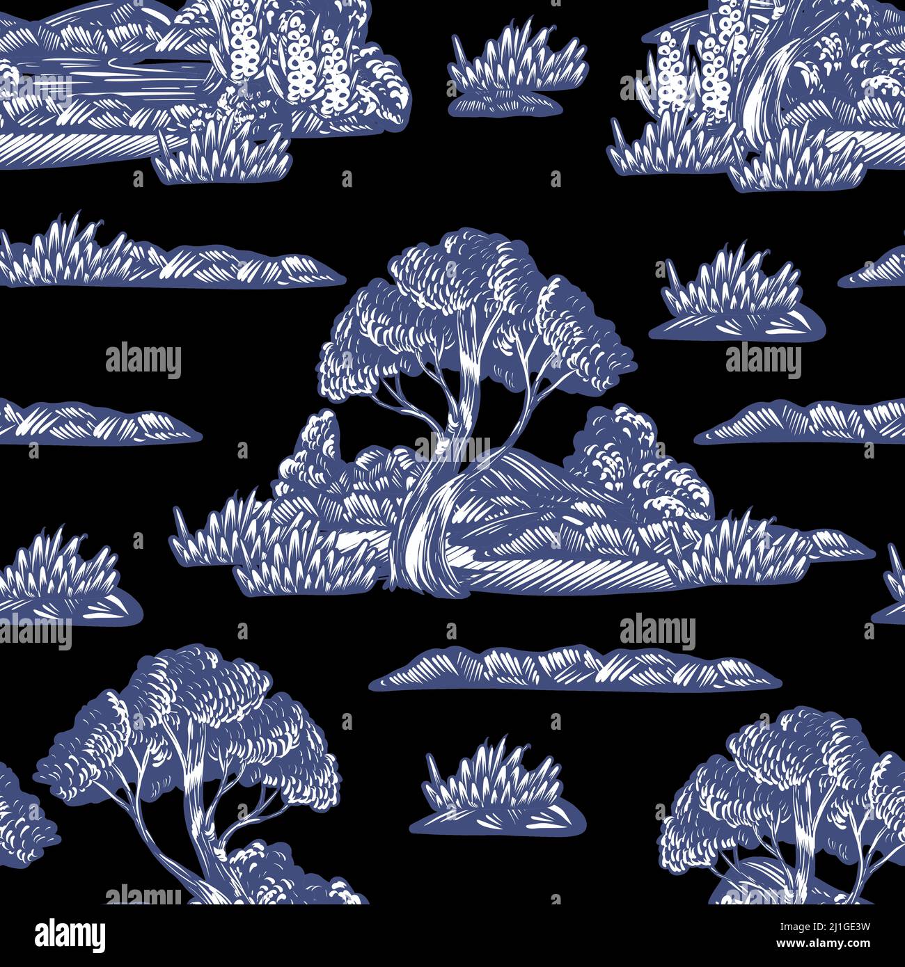 Nahtloses Muster mit grafischen Bäumen, Büschen und Pflanzen. .Etching Stil Druck. Stock Vektor