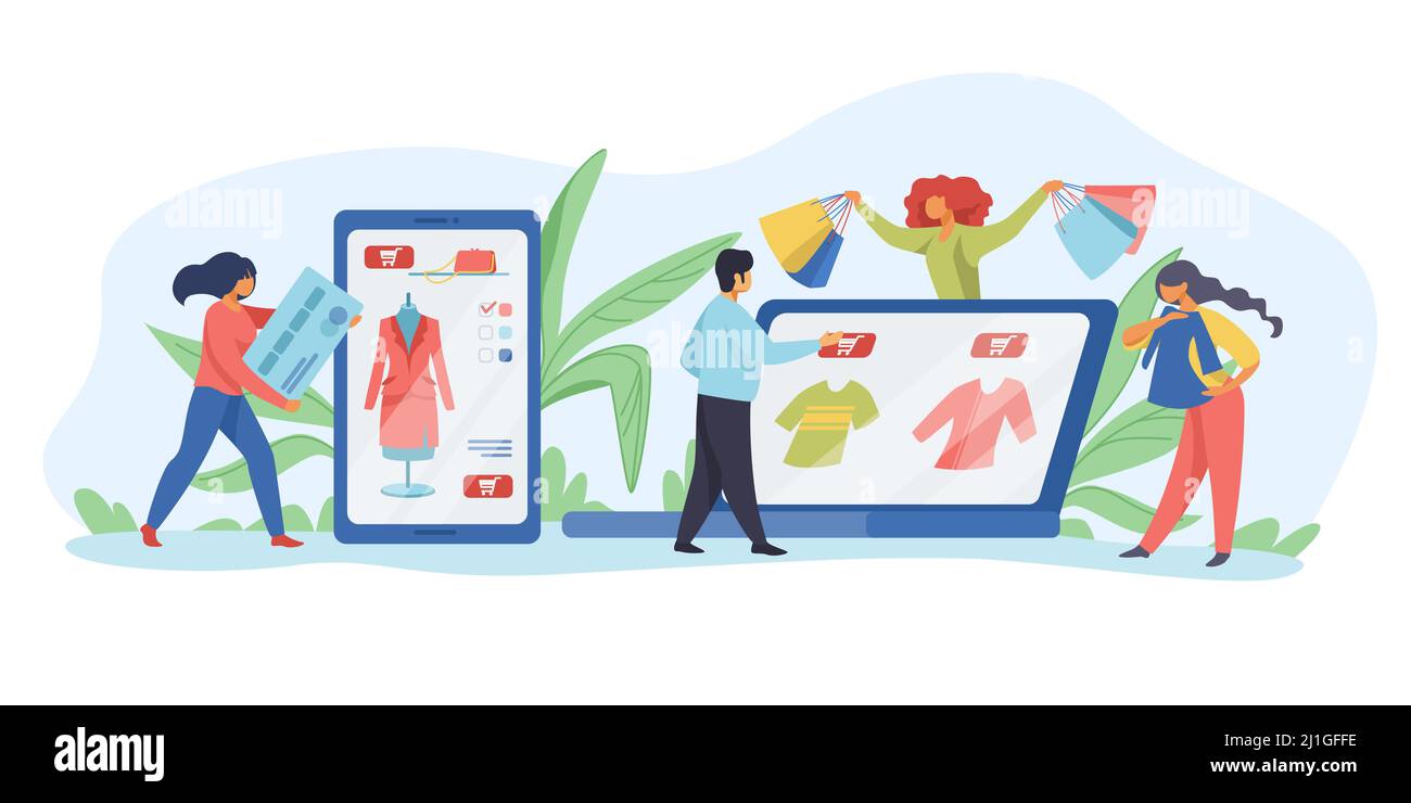Personen, die Online-Einkäufe tätigen. Shopping, Internet, Verkauf flache Vektor-Illustration. Online-Shopping-Konzept für Banner, Website-Design oder Landing Web p Stock Vektor