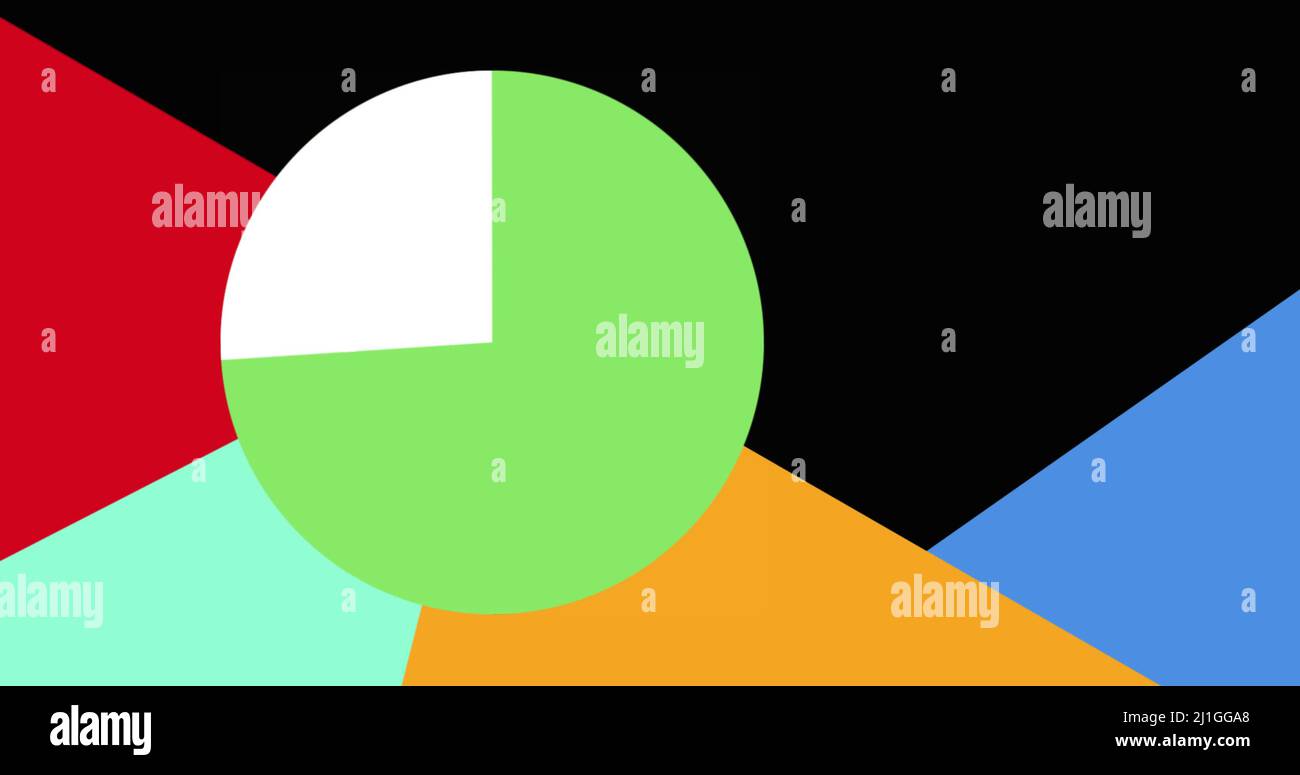 Bild eines weißen Kreisdiagramms, das auf schwarzem Hintergrund mit grünen Blockfarben gefüllt ist Stockfoto