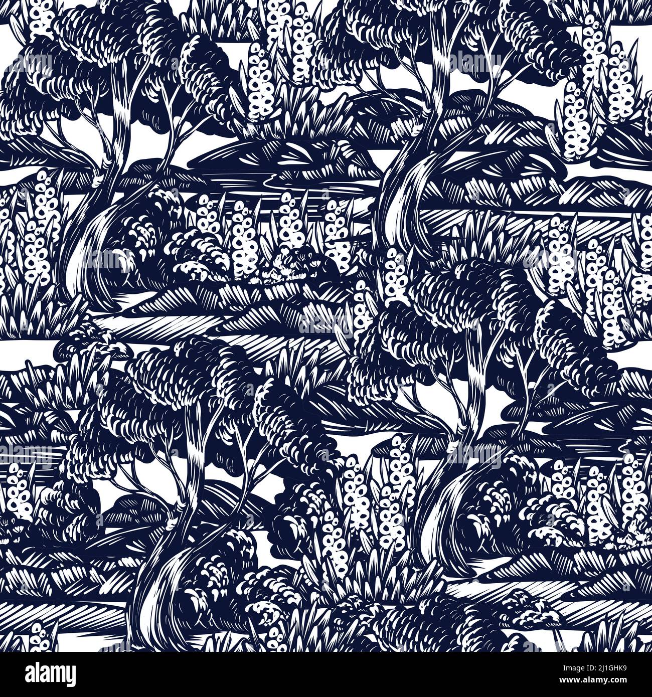 Nahtloses Muster mit grafischen Bäumen, Büschen und Pflanzen. .Etching Stil Druck. Stock Vektor