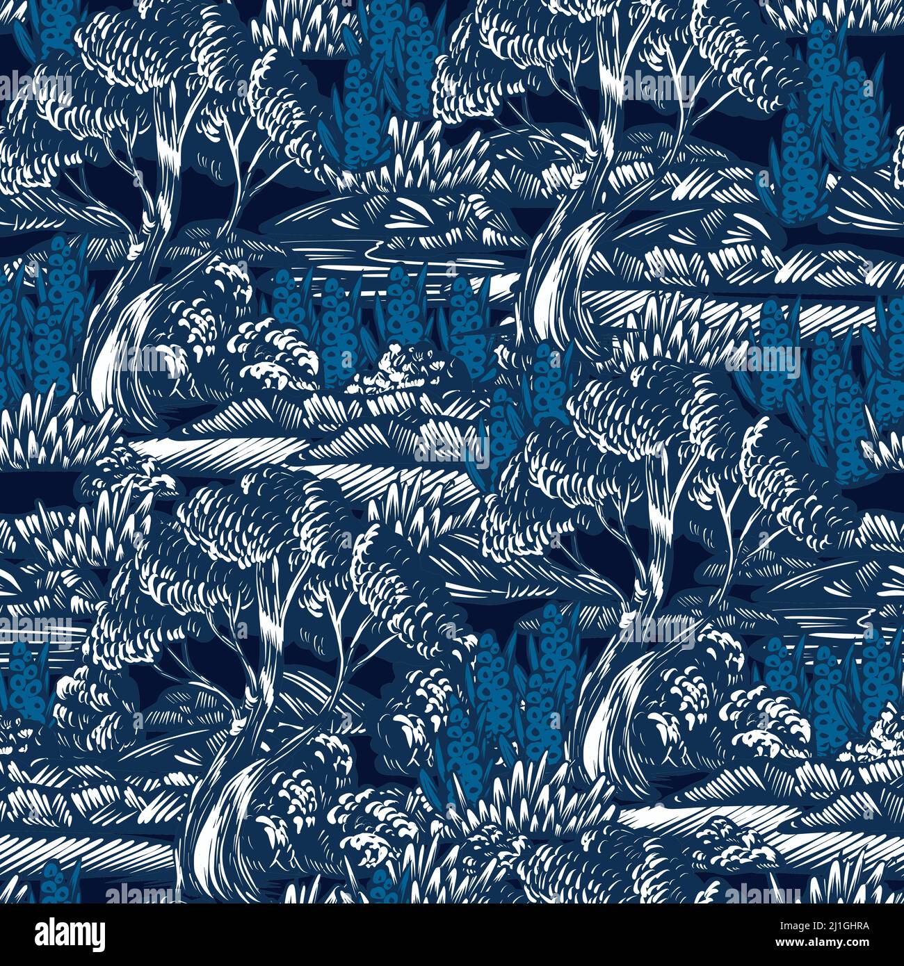 Nahtloses Muster mit grafischen Bäumen, Büschen und Pflanzen. .Etching Stil Druck. Stock Vektor