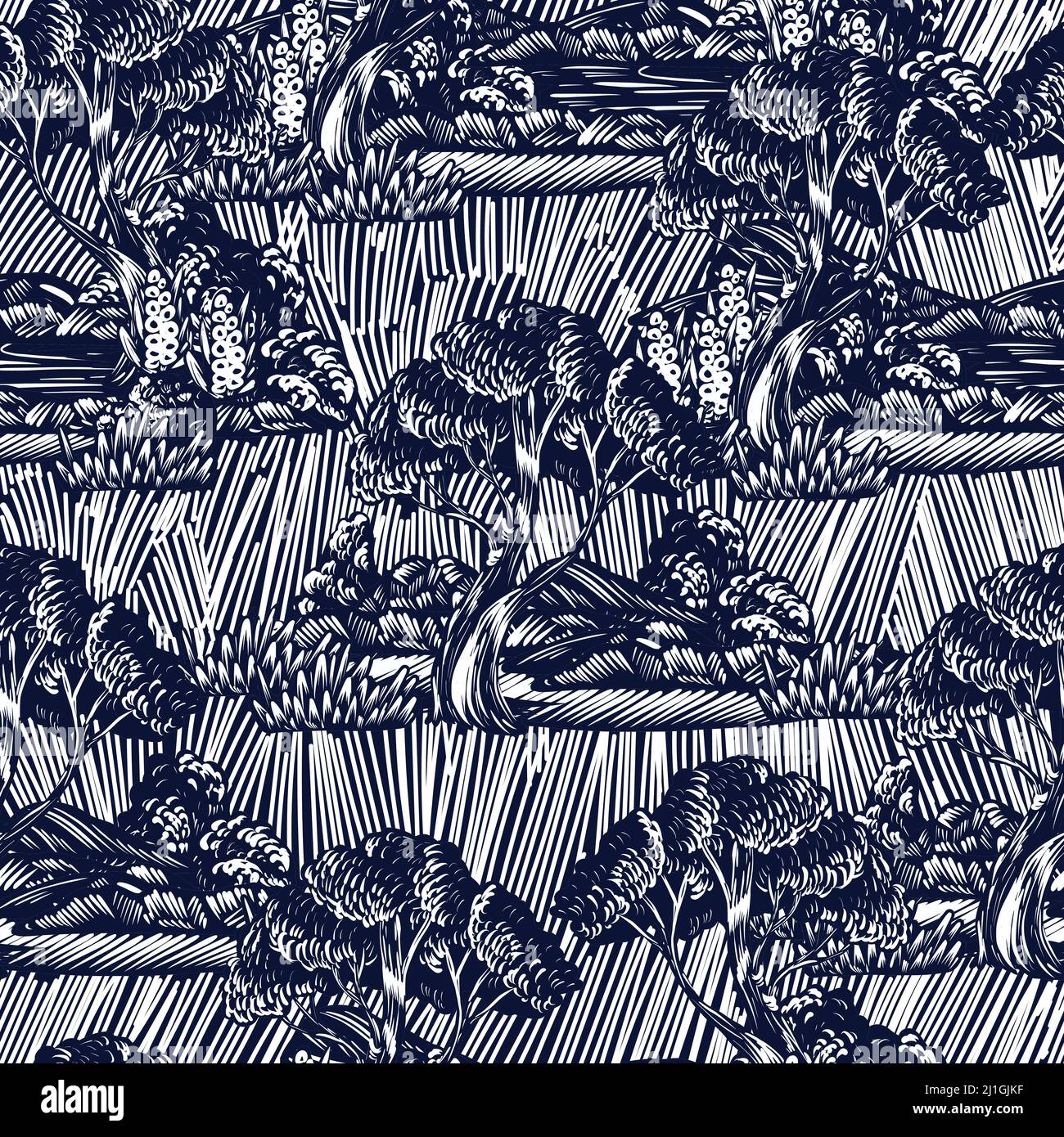 Nahtloses Muster mit grafischen Bäumen, Büschen und Pflanzen. .Etching Stil Druck. Stock Vektor