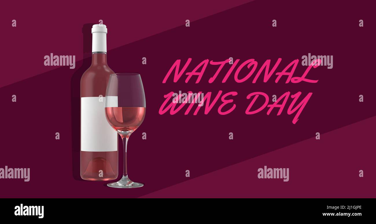 Digital generiertes Bild des nationalen Weintags Text für Flasche und Weinglas auf farbigem Hintergrund Stockfoto