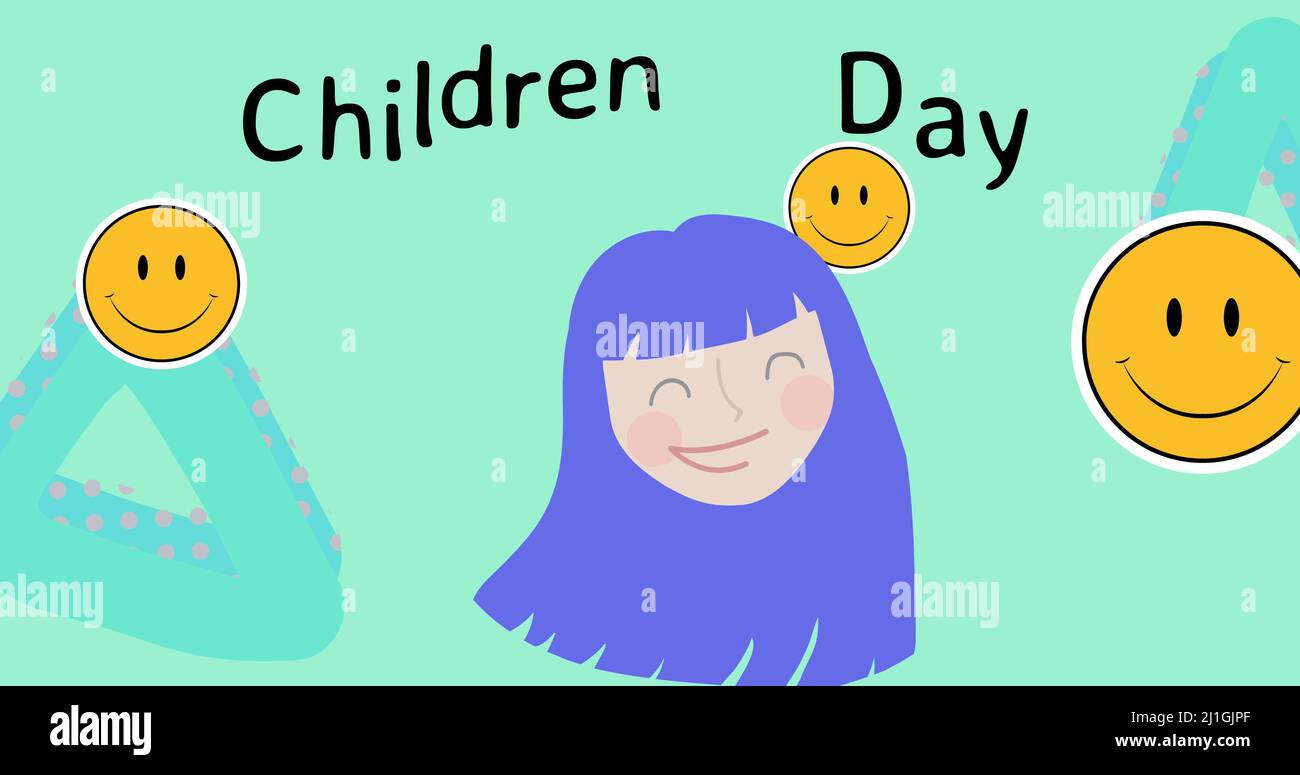 Digital generiertes Bild von Mädchen mit blauen Haaren und Kindertag mit anthropomorphen Smiley-Gesichtern Stockfoto