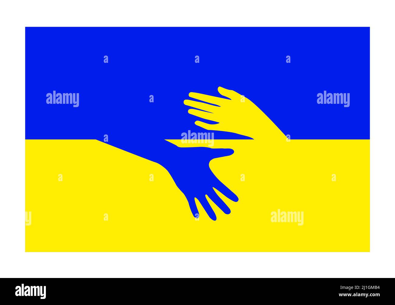 Flagge der Ukraine und zwei Hände. Ein Symbol der Freiheit und Einheit, Hilfe für die Menschen in der Ukraine. Stock Vektor