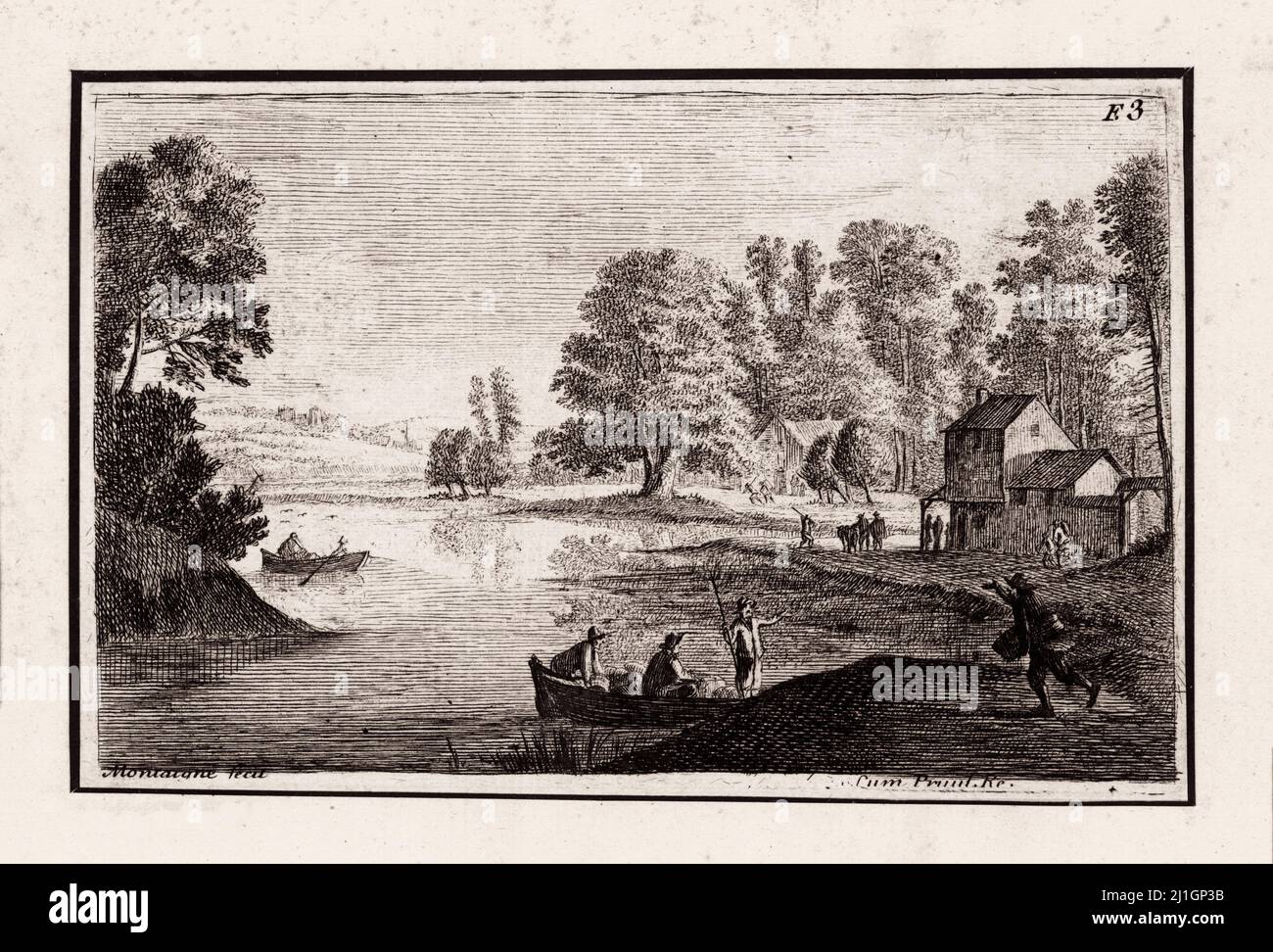 Gravur der Landschaft mit Booten auf dem Fluss. 1625-1660, von Mathieu de Platemontagne (ca 1608-1660) Stockfoto