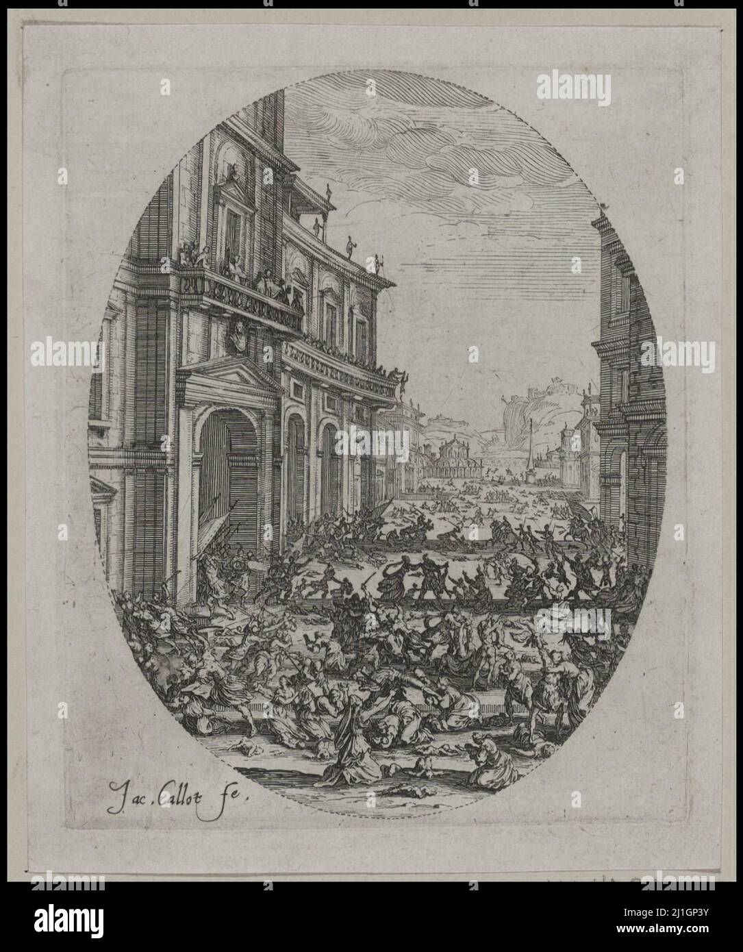 Gravur des Massakers der Unschuldigen. Von Jacques Callot. 1621-1622 Jacques Callot fertigte zwei Stiche mit der gleichen Anordnung an, nicht sehr unterschiedlich Stockfoto
