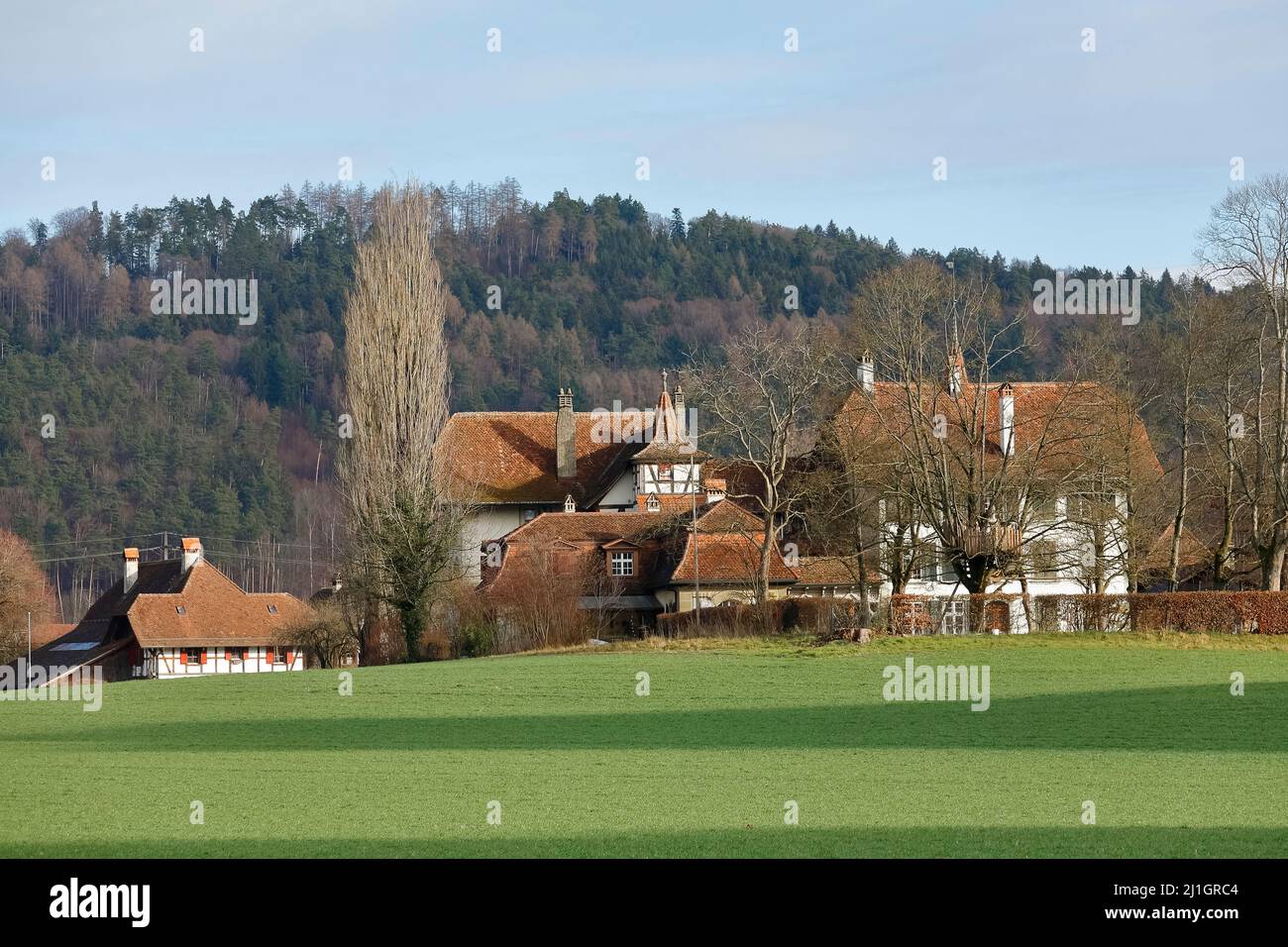 Bern, Schweiz - 23. Dezember 2015: Das Schloss Wittigkofen, das erstmals im 13.. Jahrhundert dokumentiert wurde, wurde ursprünglich im Bezirk Murifeld aufgestellt Stockfoto