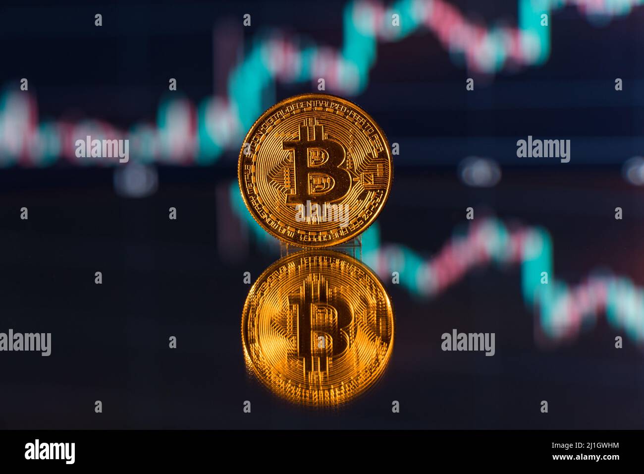 Bitcoin. Bitcoin-Diagramm-Hintergrundkonzept. Krypto Geld Nachrichten Konzept Idee. Kryptowährungshandel vom Aktienmarkt Stockfoto