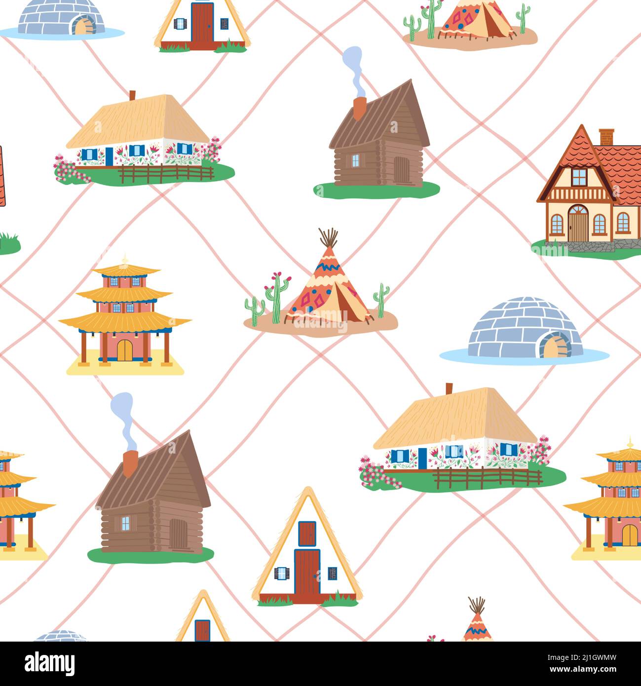 Nahtlose Muster mit traditionellen Gebäuden aus verschiedenen Ländern gesetzt, Häuser aus der ganzen Welt. Hintergrund mit Wohnhäusern oder rustikalen Kinderbett Stock Vektor